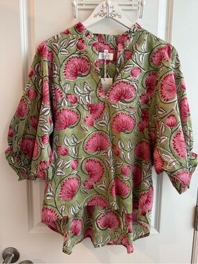 NWT Spritz Collection Hand Blocked Peasant Blouse Bohemian Summer Resort S/M